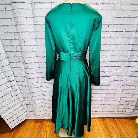 Mac Duggal Long Sleeve Plunge Neck Cocktail Midi Dress SZ16 - Picture 5 of 9